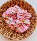 Japanese Pink Floral Scrunchie: XL Cotton Blend Hair Tie
