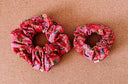 Japanese Red Floral Scrunchie: Handmade Cotton Blend Hair Tie
