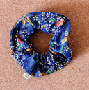Handmade Japanese Blue Floral Scrunchie: XL Cotton Blend Hair Tie