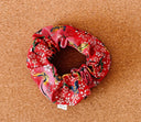 Japanese Red Floral Scrunchie: Handmade Cotton Blend Hair Tie