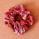 Japanese Red Floral Scrunchie: Handmade Cotton Blend Hair Tie