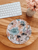 Floral Bees Mouse Pad: Hand-Printed Desk Accessory